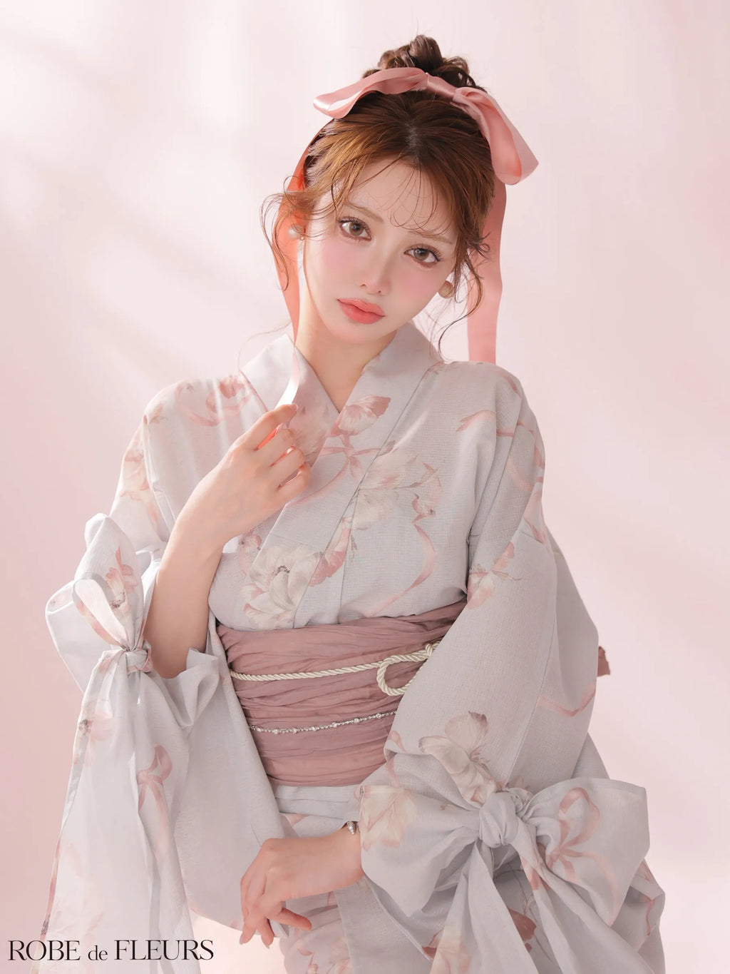 【浴衣】ROBE de FLEURS Ribbon Sleeve Flower Yukata（fm4910）