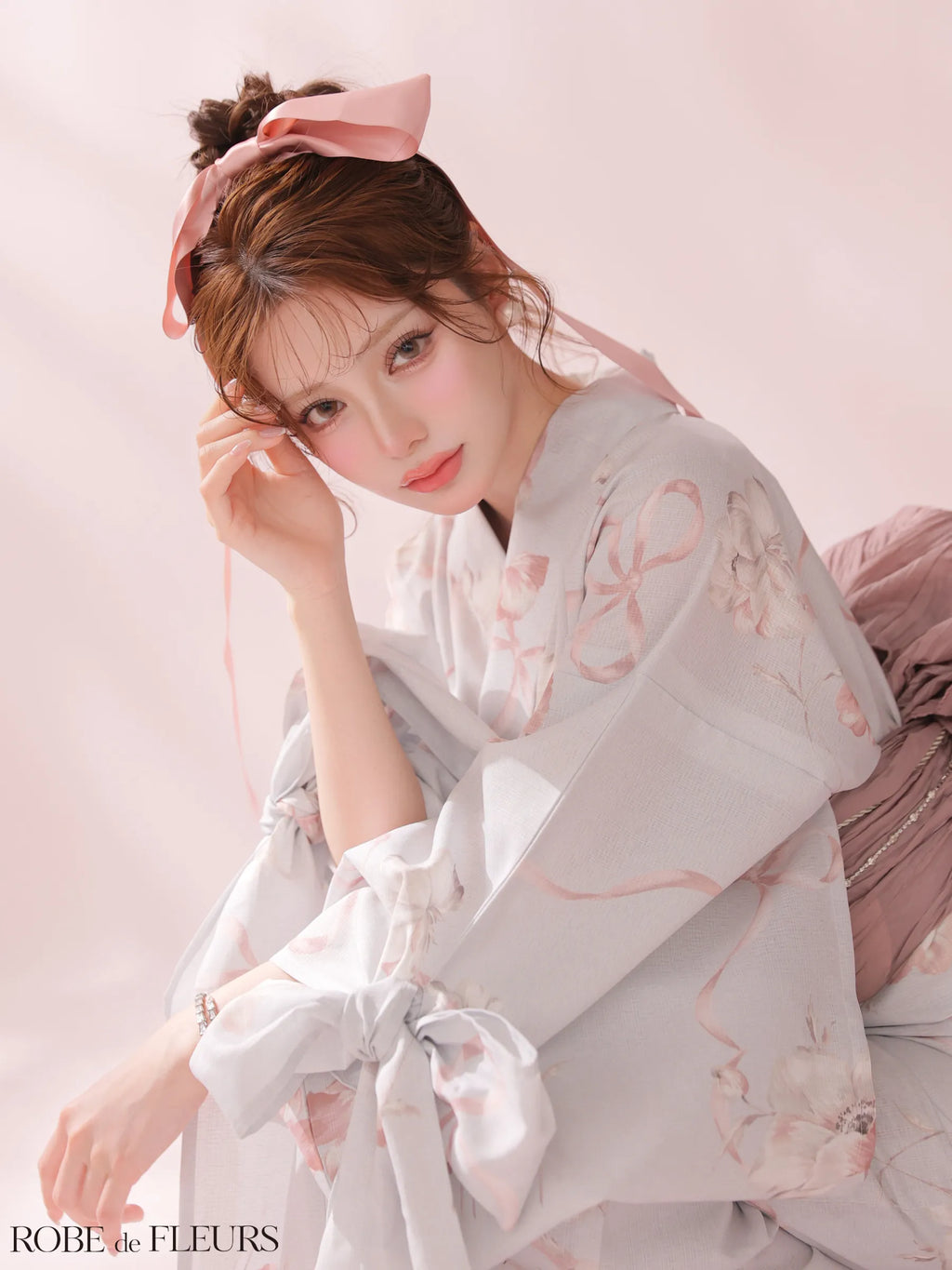 【浴衣】ROBE de FLEURS Ribbon Sleeve Flower Yukata（fm4910）