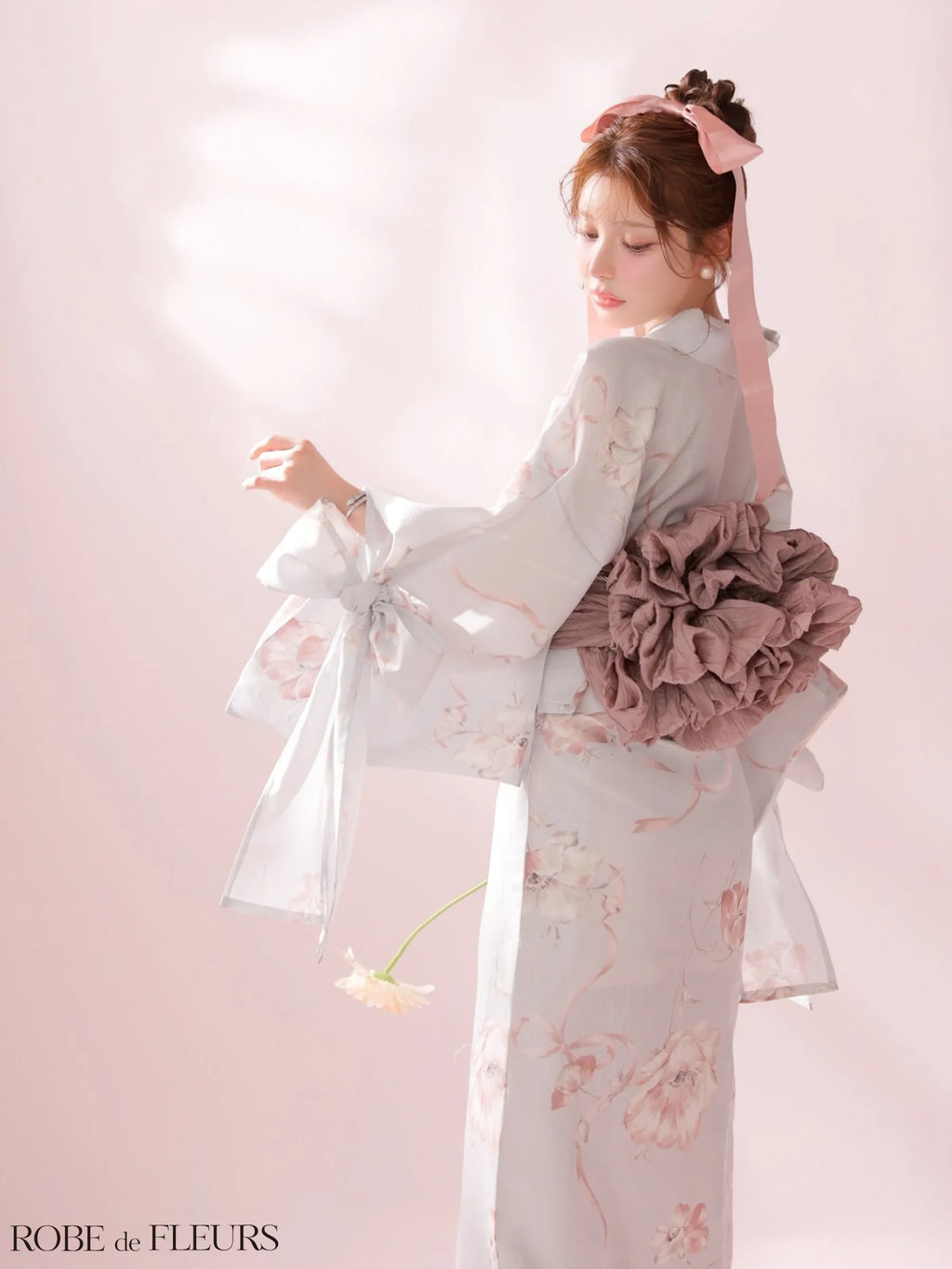【浴衣】ROBE de FLEURS Ribbon Sleeve Flower Yukata（fm4910）