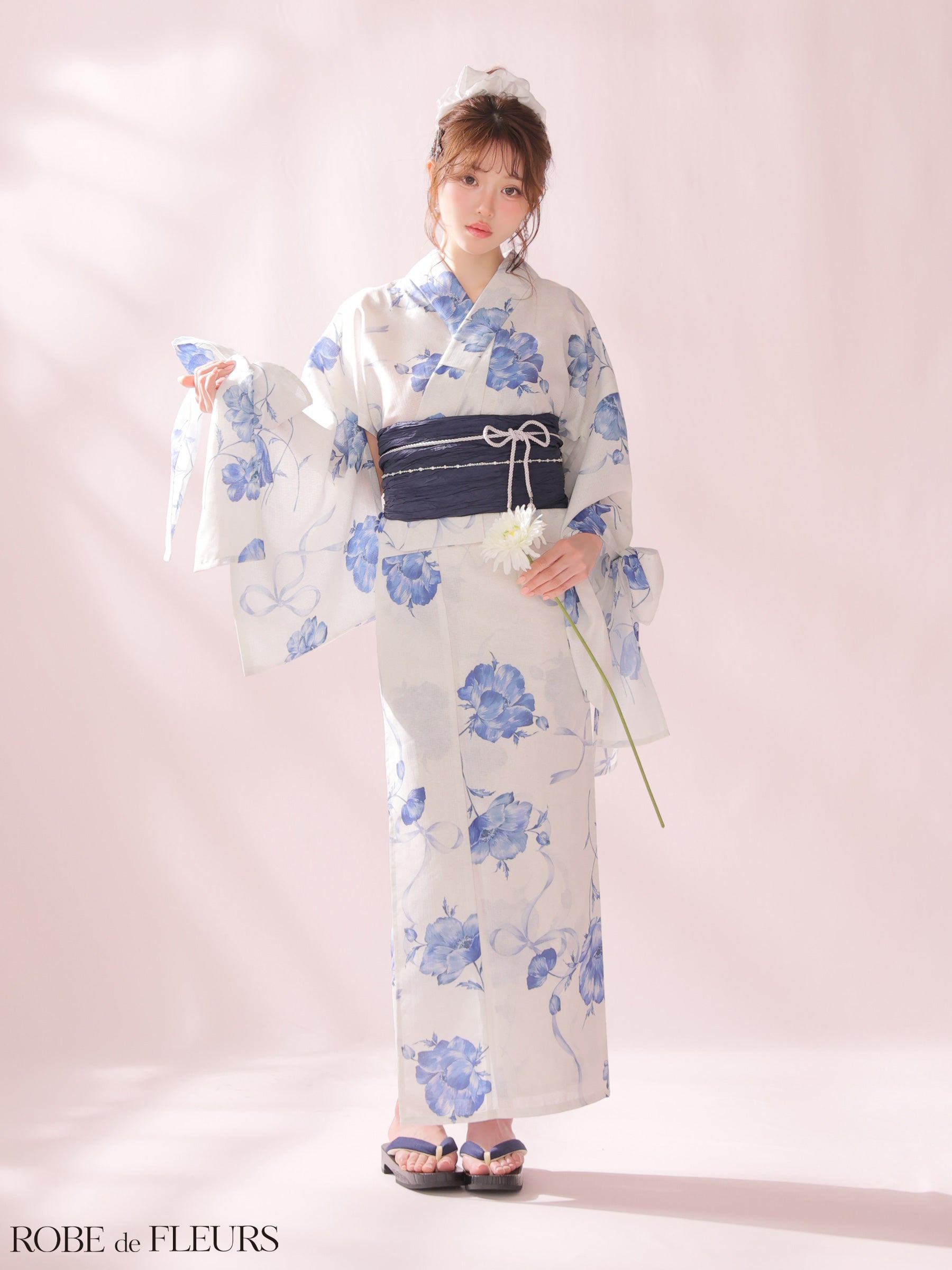 【浴衣】ROBE de FLEURS Ribbon Sleeve Flower Yukata（fm4910）