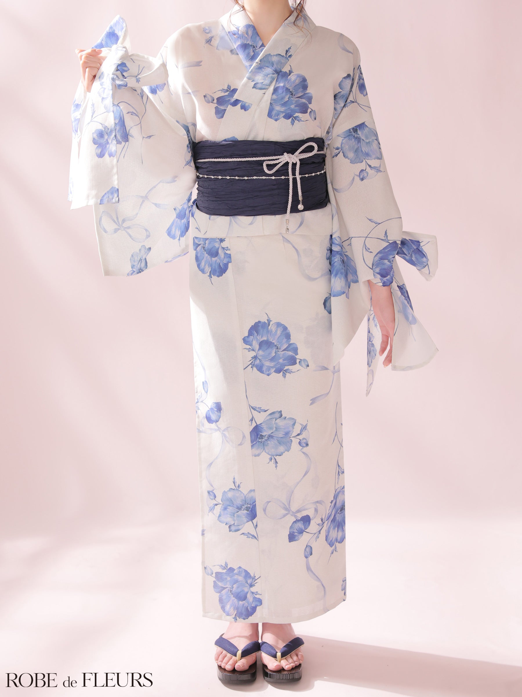 【浴衣】ROBE de FLEURS Ribbon Sleeve Flower Yukata（fm4910）