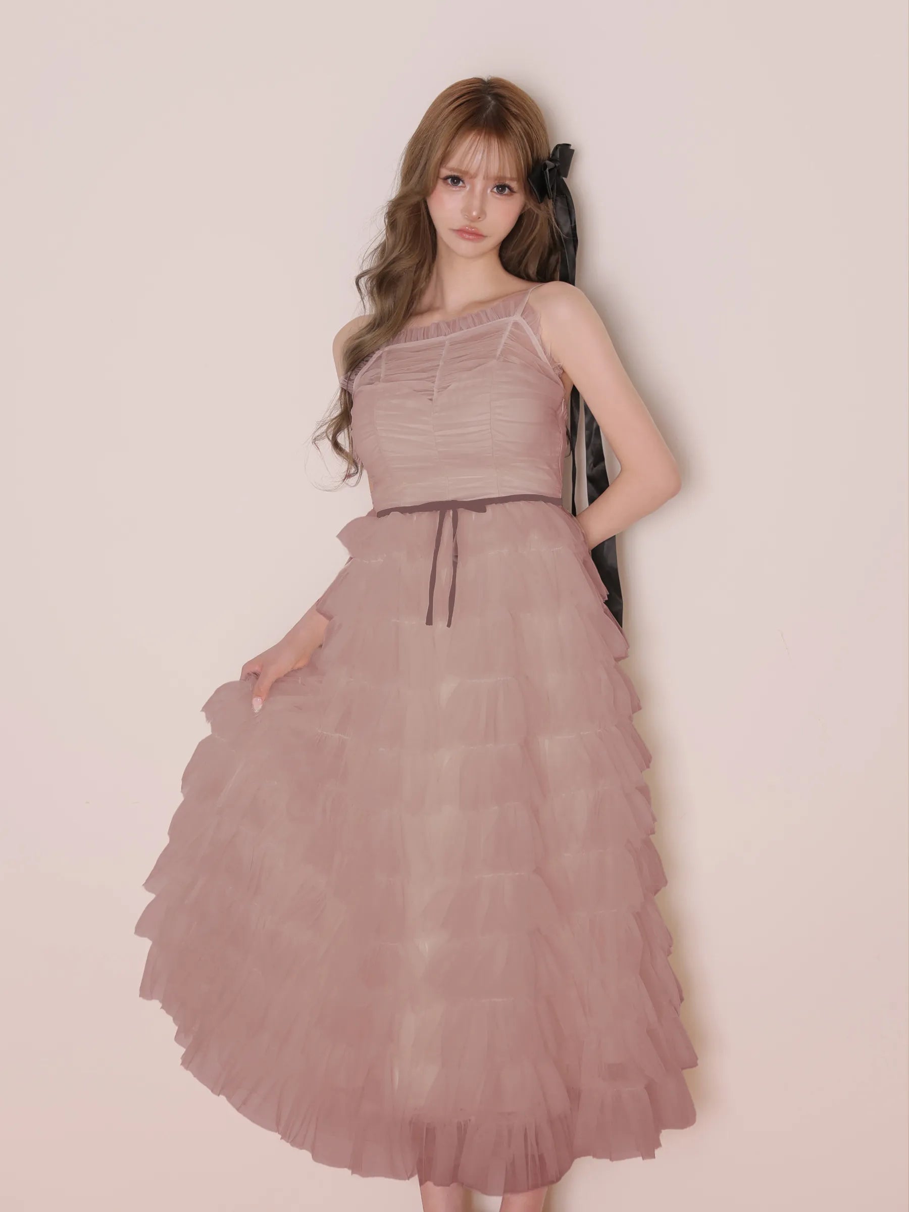 【予約】バックリボンチュールティアードロングキャバドレス (DE4938)