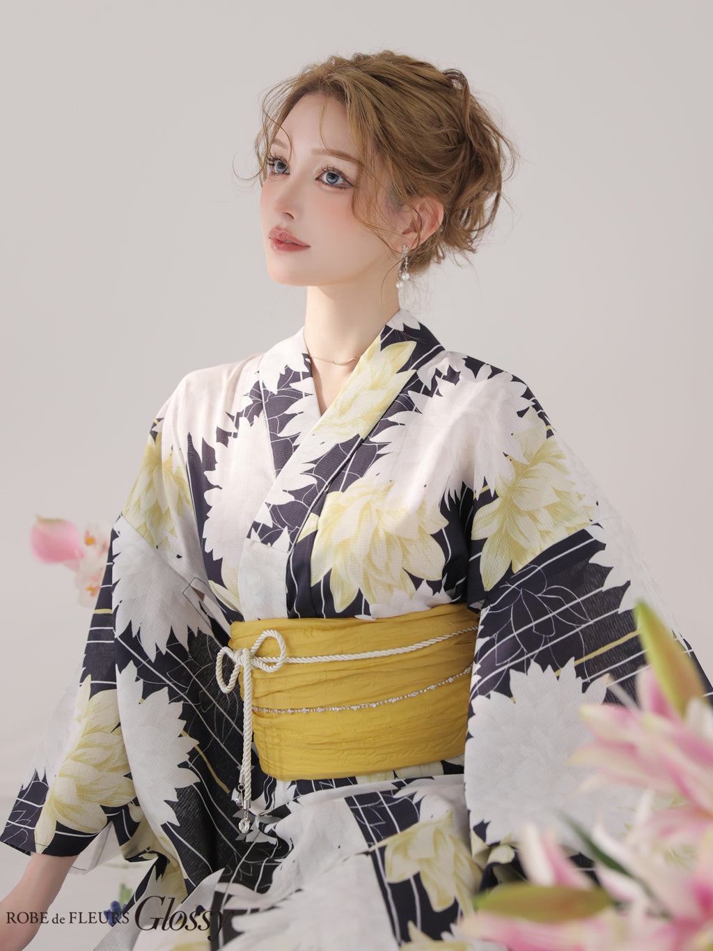 【浴衣】ROBE de FLEURS Glossy Modern Dahlia Yukata (GL5414)