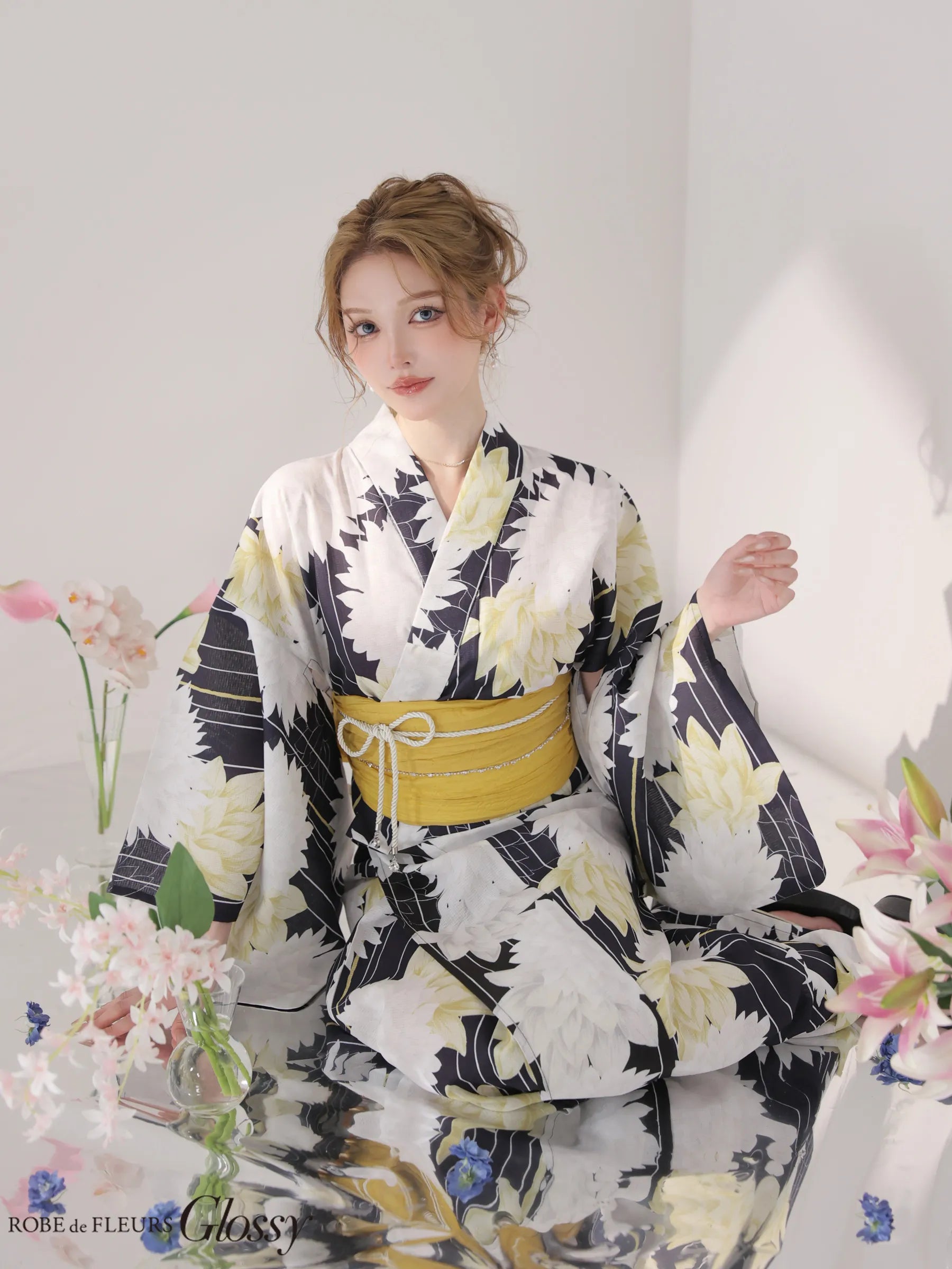 【浴衣】ROBE de FLEURS Glossy Modern Dahlia Yukata (GL5414)